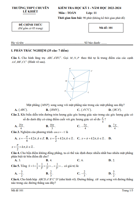 Đề học kì 1 (HK1) lớp 11 môn Toán năm 2023 2024 trường chuyên Lê Khiết Quảng Ngãi