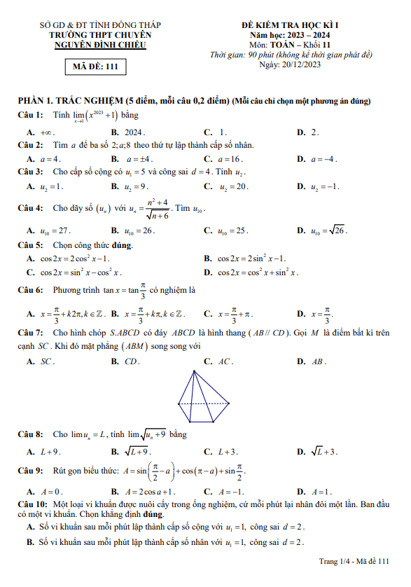 Đề học kì 1 (HK1) lớp 11 môn Toán năm 2023 2024 trường chuyên Nguyễn Đình Chiểu Đồng Tháp