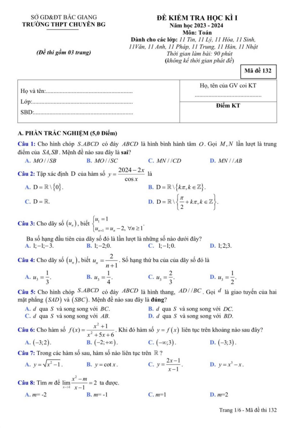 Đề học kì 1 (HK1) lớp 11 môn Toán năm 2023 2024 trường THPT chuyên Bắc Giang