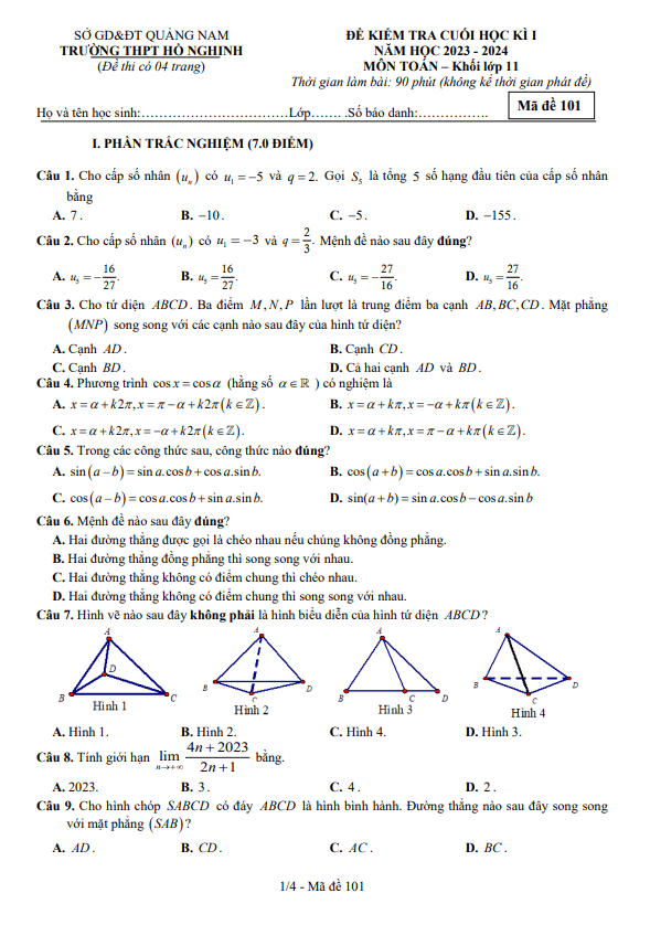 Đề học kì 1 (HK1) lớp 11 môn Toán năm 2023 2024 trường THPT Hồ Nghinh Quảng Nam