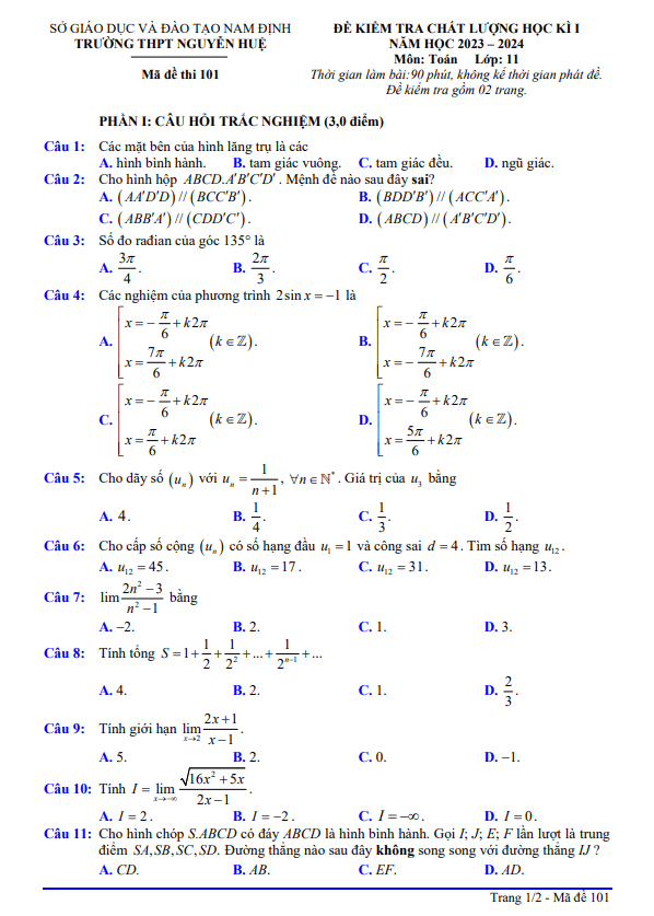 Đề học kì 1 (HK1) lớp 11 môn Toán năm 2023 2024 trường THPT Nguyễn Huệ Nam Định
