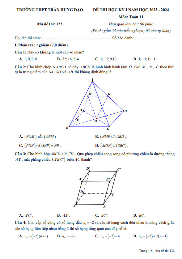 Đề học kì 1 (HK1) lớp 11 môn Toán năm 2023 2024 trường THPT Trần Hưng Đạo Ninh Bình