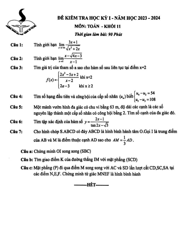 Đề học kì 1 (HK1) lớp 11 môn Toán năm 2023 2024 trường THPT Võ Thị Sáu TP HCM