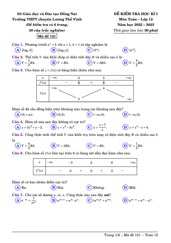 Đề học kì 1 (HK1) lớp 12 môn Toán năm 2022 2023 trường chuyên Lương Thế Vinh Đồng Nai