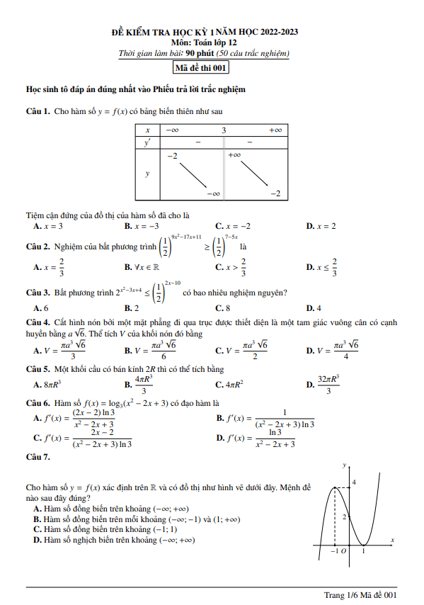Đề học kì 1 (HK1) lớp 12 môn Toán năm 2022 2023 trường Nguyễn Thị Minh Khai Hà Nội