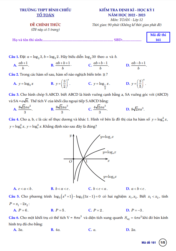 Đề học kì 1 (HK1) lớp 12 môn Toán năm 2022 2023 trường THPT Bình Chiểu TP HCM