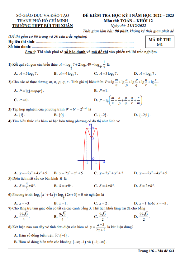 Đề học kì 1 (HK1) lớp 12 môn Toán năm 2022 2023 trường THPT Bùi Thị Xuân TP HCM