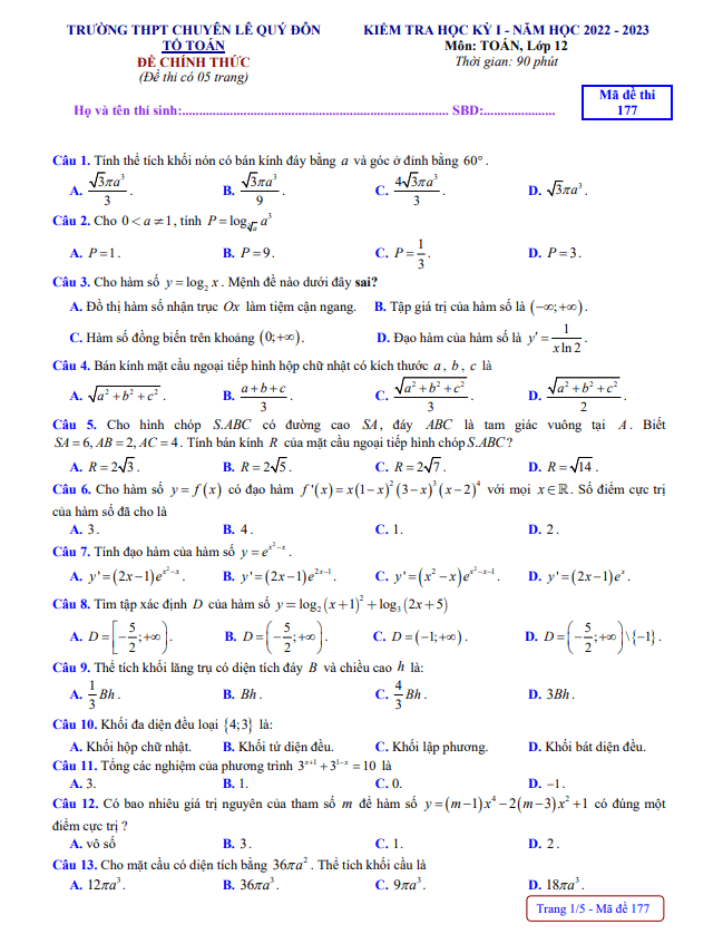 Đề học kì 1 (HK1) lớp 12 môn Toán năm 2022 2023 trường THPT chuyên Lê Quý Đôn BR VT