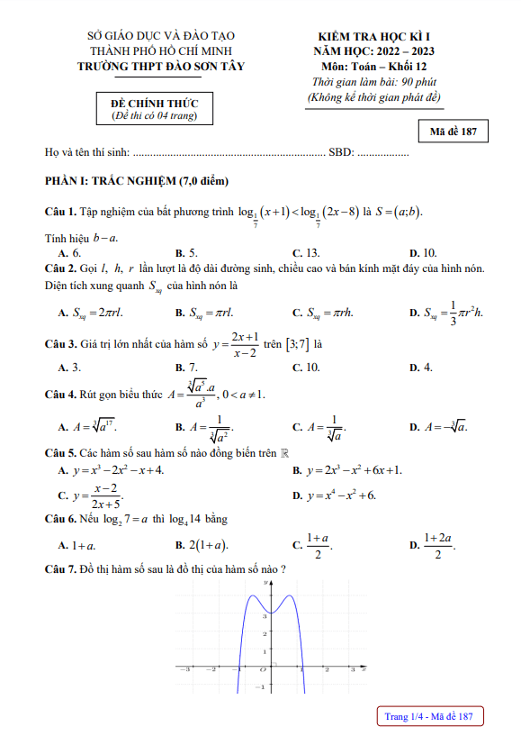 Đề học kì 1 (HK1) lớp 12 môn Toán năm 2022 2023 trường THPT Đào Sơn Tây TP HCM