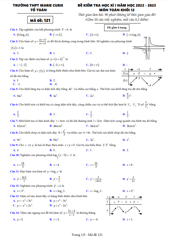 Đề học kì 1 (HK1) lớp 12 môn Toán năm 2022 2023 trường THPT Marie Curie TP HCM