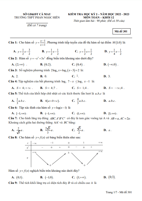 Đề học kì 1 (HK1) lớp 12 môn Toán năm 2022 2023 trường THPT Phan Ngọc Hiển Cà Mau