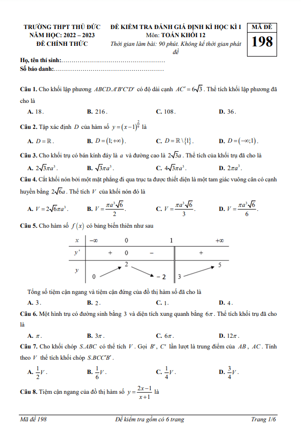 Đề học kì 1 (HK1) lớp 12 môn Toán năm 2022 2023 trường THPT Thủ Đức TP HCM