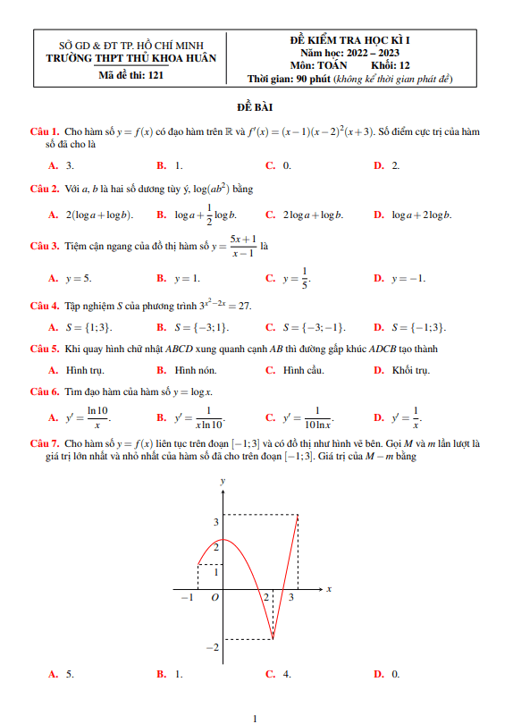 Đề học kì 1 (HK1) lớp 12 môn Toán năm 2022 2023 trường THPT Thủ Khoa Huân TP HCM