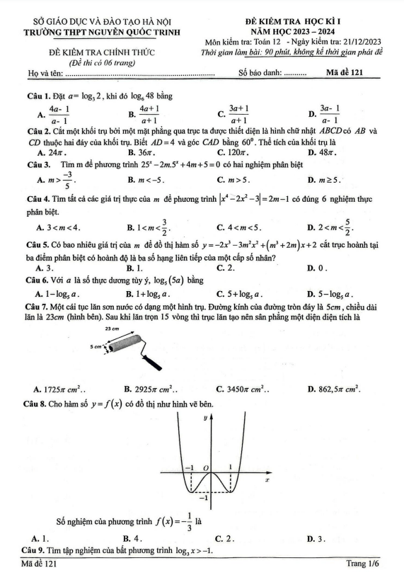 Đề học kì 1 (HK1) lớp 12 môn Toán năm 2023 2024 trường THPT Nguyễn Quốc Trinh Hà Nội