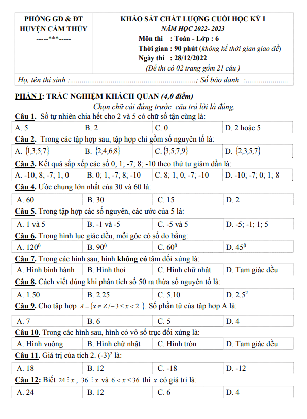 Đề học kì 1 (HK1) lớp 6 môn Toán năm 2022 2023 phòng GD ĐT Cẩm Thủy Thanh Hoá