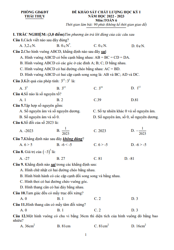 Đề học kì 1 (HK1) lớp 6 môn Toán năm 2022 2023 phòng GD ĐT Thái Thụy Thái Bình