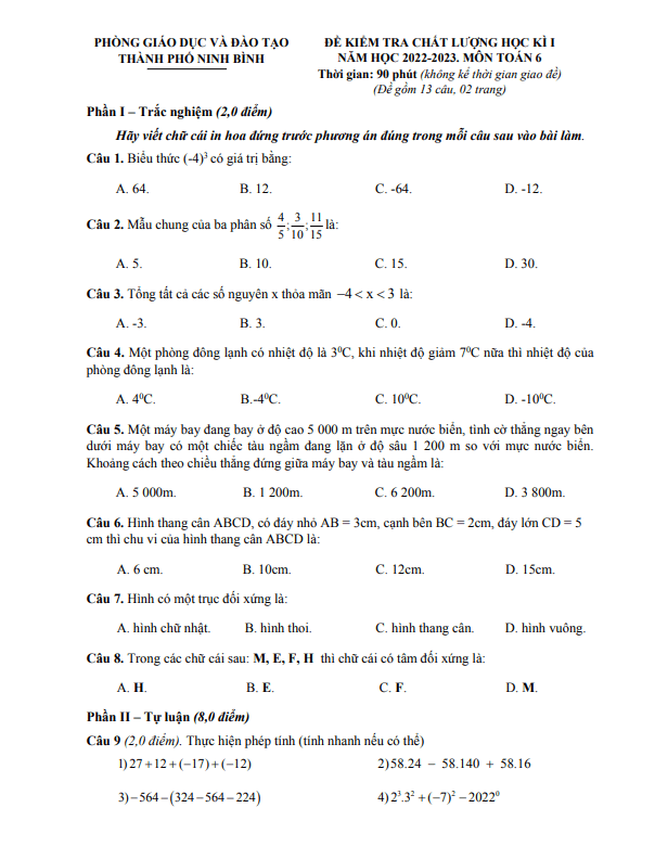 Đề học kì 1 (HK1) lớp 6 môn Toán năm 2022 2023 phòng GD ĐT thành phố Ninh Bình