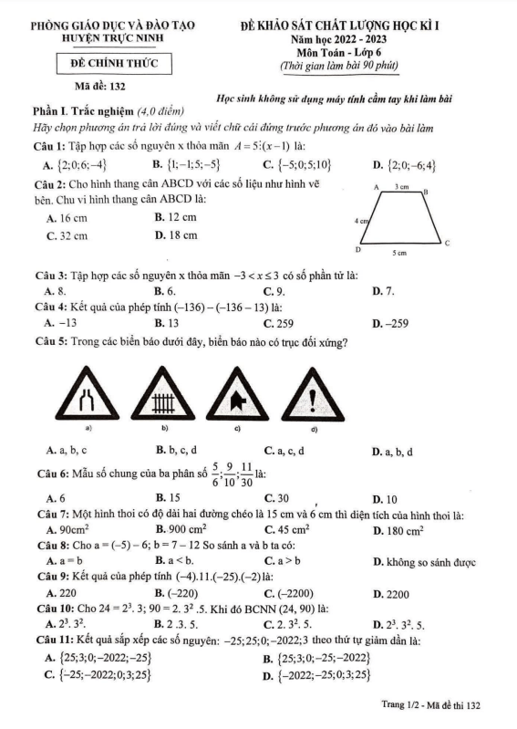 Đề học kì 1 (HK1) lớp 6 môn Toán năm 2022 2023 phòng GD ĐT Trực Ninh Nam Định