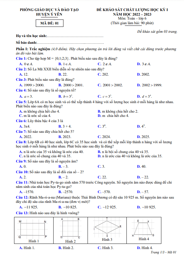 Đề học kì 1 (HK1) lớp 6 môn Toán năm 2022 2023 phòng GD ĐT Ý Yên Nam Định