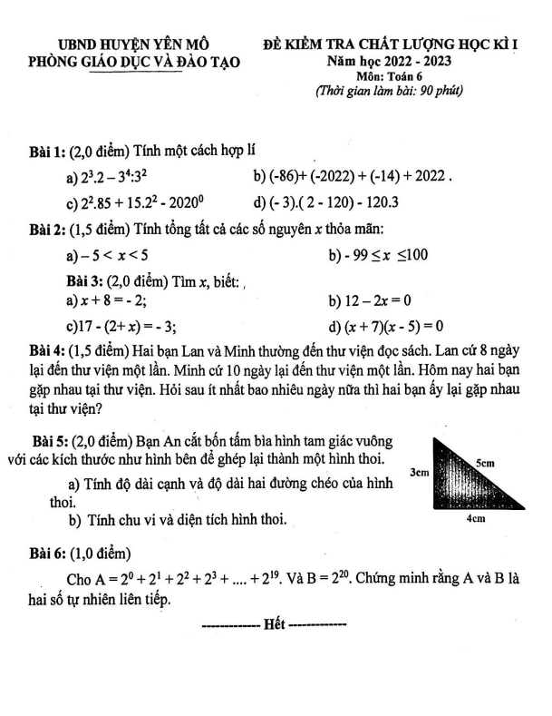 Đề học kì 1 (HK1) lớp 6 môn Toán năm 2022 2023 phòng GD ĐT Yên Mô Ninh Bình