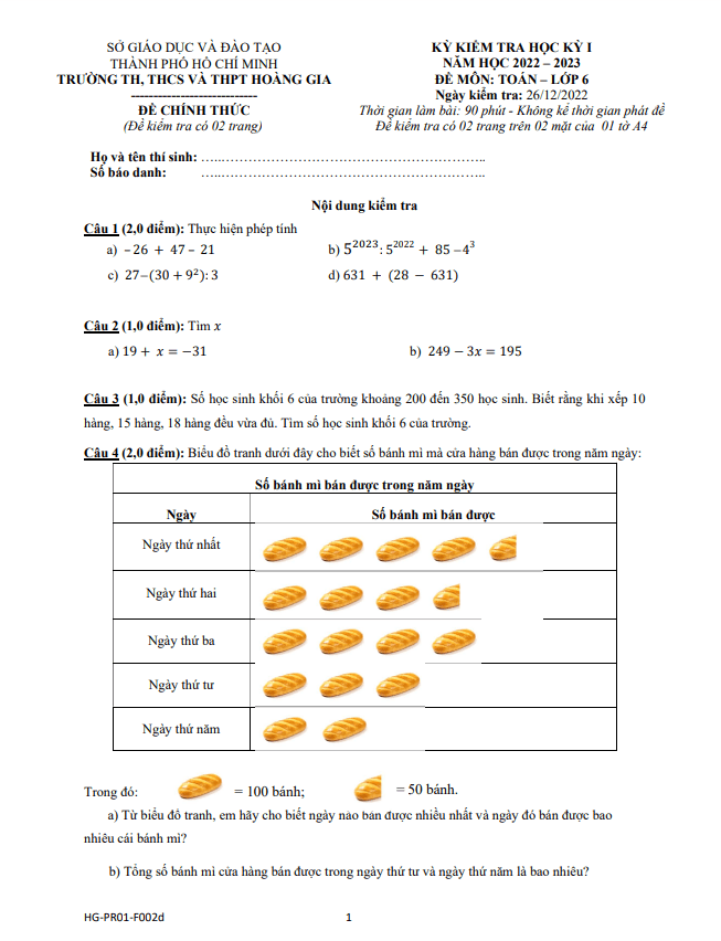 Đề học kì 1 (HK1) lớp 6 môn Toán năm 2022 2023 trường Hoàng Gia TP HCM