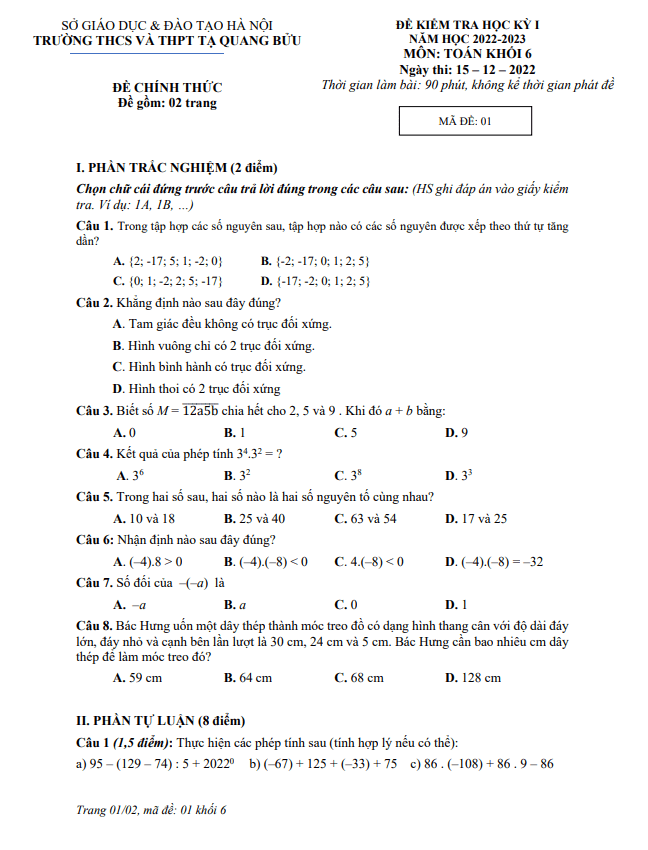 Đề học kì 1 (HK1) lớp 6 môn Toán năm 2022 2023 trường Tạ Quang Bửu Hà Nội