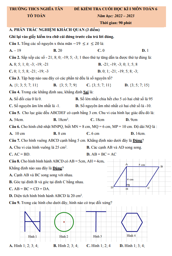 Đề học kì 1 (HK1) lớp 6 môn Toán năm 2022 2023 trường THCS Nghĩa Tân Hà Nội