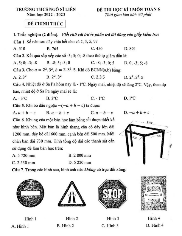 Đề học kì 1 (HK1) lớp 6 môn Toán năm 2022 2023 trường THCS Ngô Sĩ Liên Hà Nội