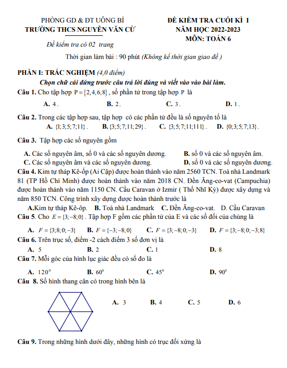 Đề học kì 1 (HK1) lớp 6 môn Toán năm 2022 2023 trường THCS Nguyễn Văn Cừ Quảng Ninh