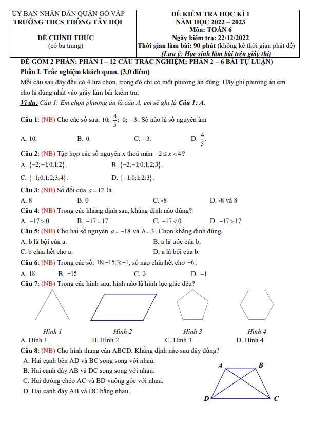 Đề học kì 1 (HK1) lớp 6 môn Toán năm 2022 2023 trường THCS Thông Tây Hội TP HCM