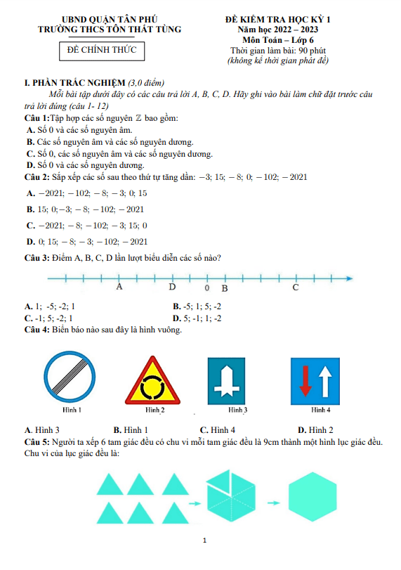Đề học kì 1 (HK1) lớp 6 môn Toán năm 2022 2023 trường THCS Tôn Thất Tùng TP HCM