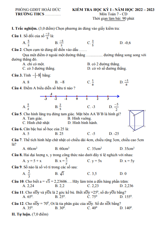 Đề học kì 1 (HK1) lớp 7 môn Toán CD năm 2022 2023 phòng GD ĐT Hoài Đức Hà Nội