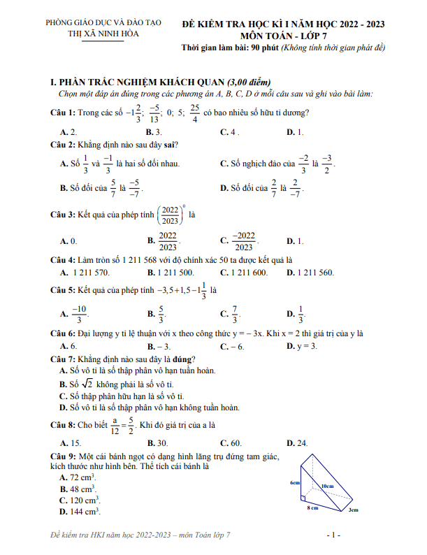 Đề học kì 1 (HK1) lớp 7 môn Toán năm 2022 2023 phòng GD ĐT Ninh Hòa Khánh Hòa