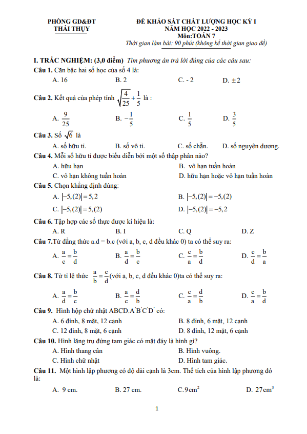 Đề học kì 1 (HK1) lớp 7 môn Toán năm 2022 2023 phòng GD ĐT Thái Thụy Thái Bình