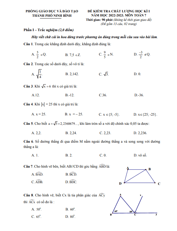 Đề học kì 1 (HK1) lớp 7 môn Toán năm 2022 2023 phòng GD ĐT thành phố Ninh Bình