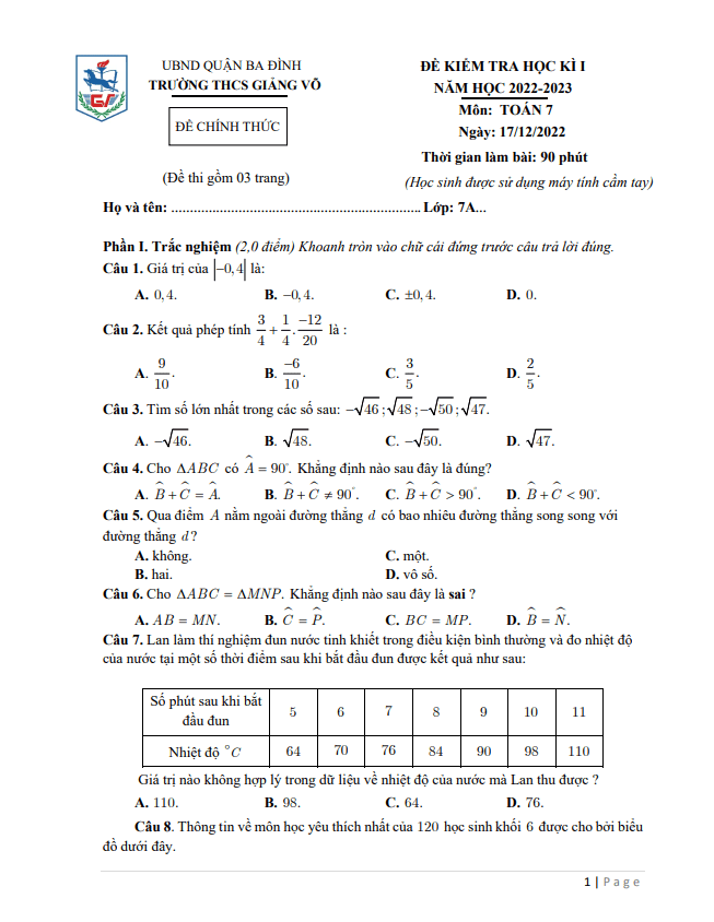 Đề học kì 1 (HK1) lớp 7 môn Toán năm 2022 2023 trường THCS Giảng Võ Hà Nội