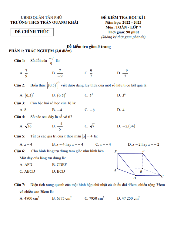 Đề học kì 1 (HK1) lớp 7 môn Toán năm 2022 2023 trường THCS Trần Quang Khải TP HCM