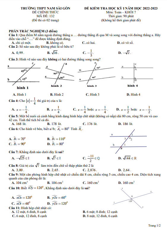 Đề học kì 1 (HK1) lớp 7 môn Toán năm 2022 2023 trường THPT Nam Sài Gòn TP HCM