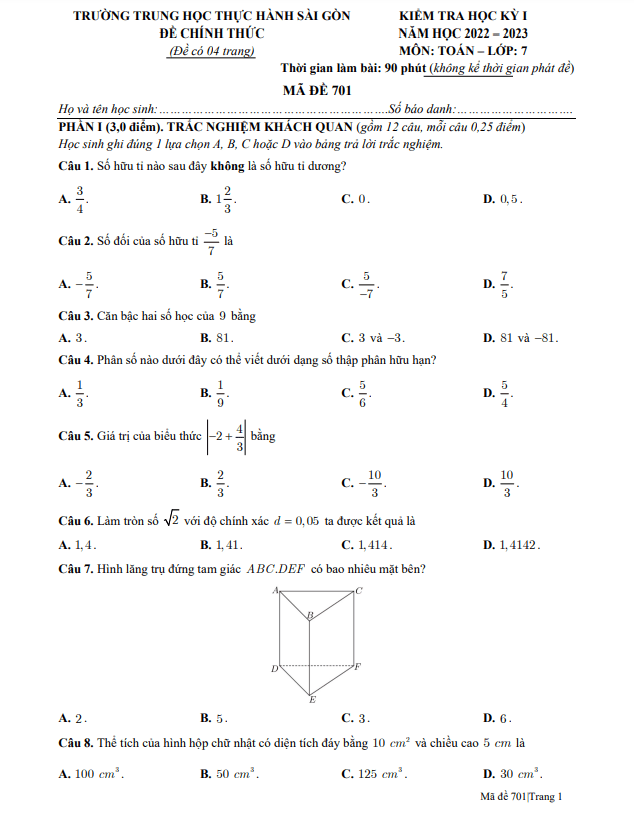 Đề học kì 1 (HK1) lớp 7 môn Toán năm 2022 2023 trường Thực hành Sài Gòn TP HCM