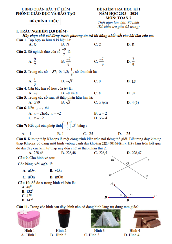 Đề học kì 1 (HK1) lớp 7 môn Toán năm 2023 2024 phòng GD ĐT Bắc Từ Liêm Hà Nội
