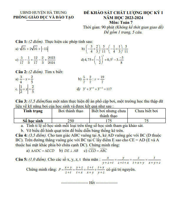 Đề học kì 1 (HK1) lớp 7 môn Toán năm 2023 2024 phòng GD ĐT Hà Trung Thanh Hóa