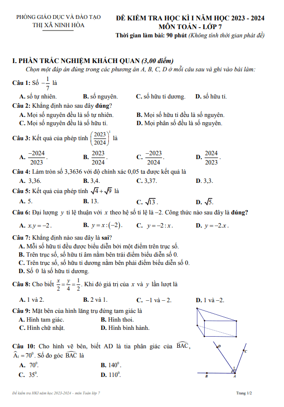 Đề học kì 1 (HK1) lớp 7 môn Toán năm 2023 2024 phòng GD ĐT Ninh Hòa Khánh Hòa