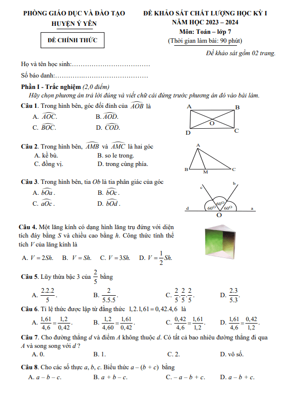 Đề học kì 1 (HK1) lớp 7 môn Toán năm 2023 2024 phòng GD ĐT Ý Yên Nam Định