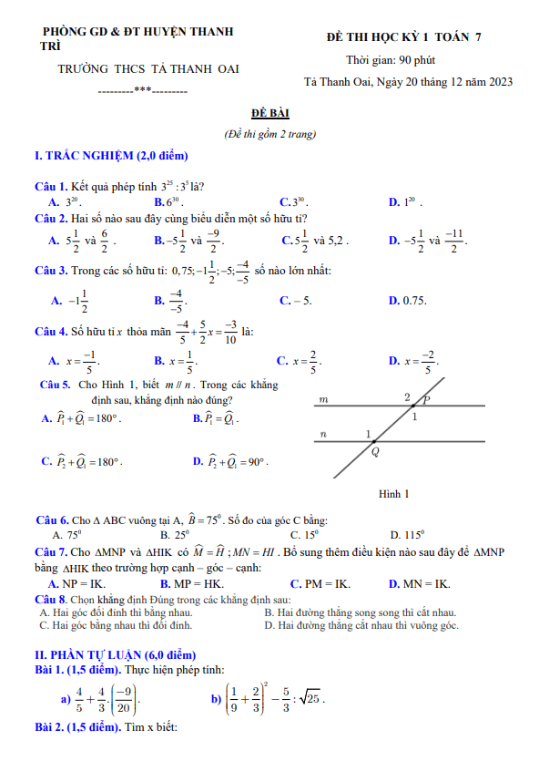 Đề học kì 1 (HK1) lớp 7 môn Toán năm 2023 2024 trường THCS Tả Thanh Oai Hà Nội
