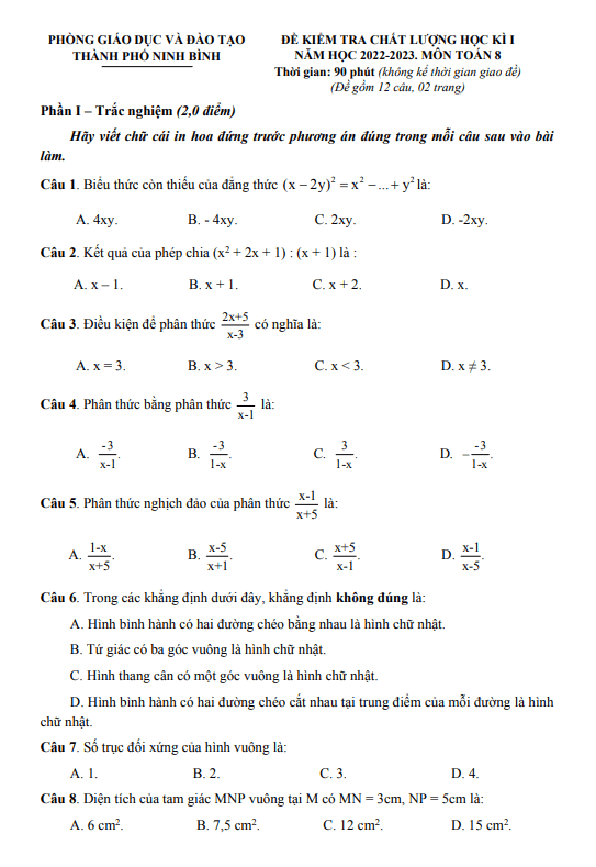 Đề học kì 1 (HK1) lớp 8 môn Toán năm 2022 2023 phòng GD ĐT thành phố Ninh Bình