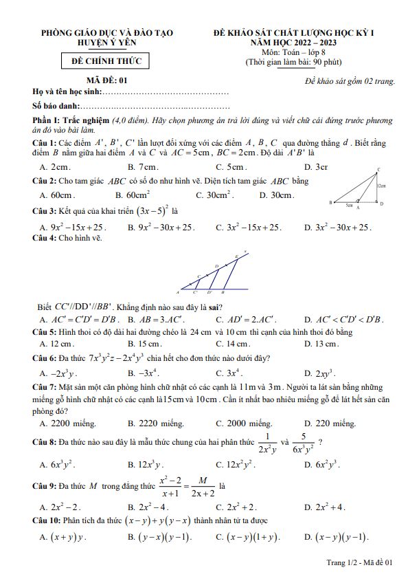 Đề học kì 1 (HK1) lớp 8 môn Toán năm 2022 2023 phòng GD ĐT Ý Yên Nam Định