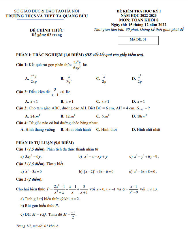 Đề học kì 1 (HK1) lớp 8 môn Toán năm 2022 2023 trường Tạ Quang Bửu Hà Nội