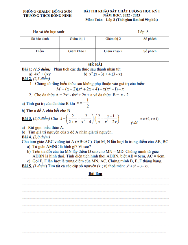 Đề học kì 1 (HK1) lớp 8 môn Toán năm 2022 2023 trường THCS Đông Ninh Thanh Hóa
