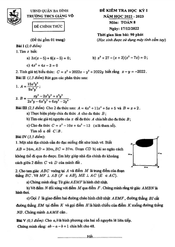 Đề học kì 1 (HK1) lớp 8 môn Toán năm 2022 2023 trường THCS Giảng Võ Hà Nội