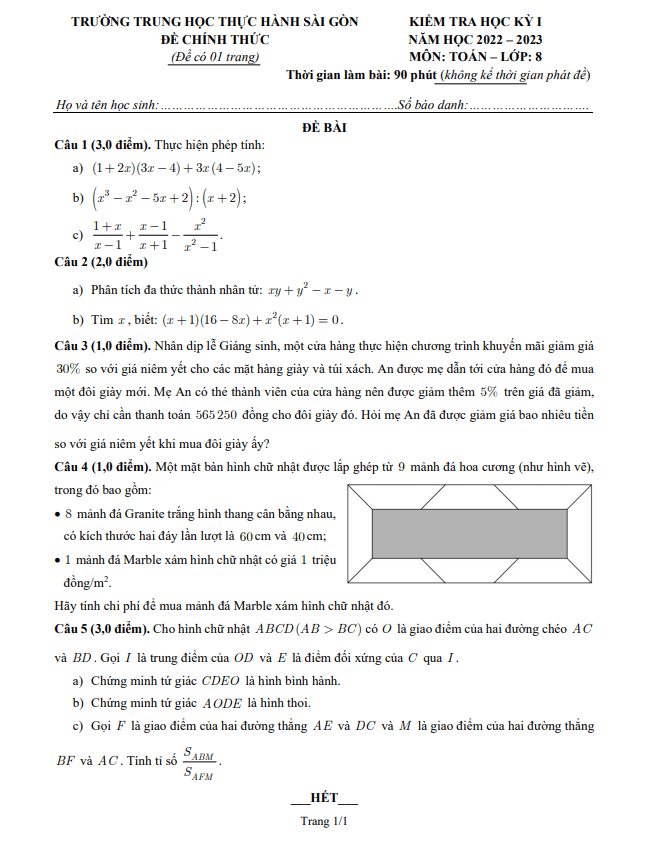 Đề học kì 1 (HK1) lớp 8 môn Toán năm 2022 2023 trường Thực hành Sài Gòn TP HCM